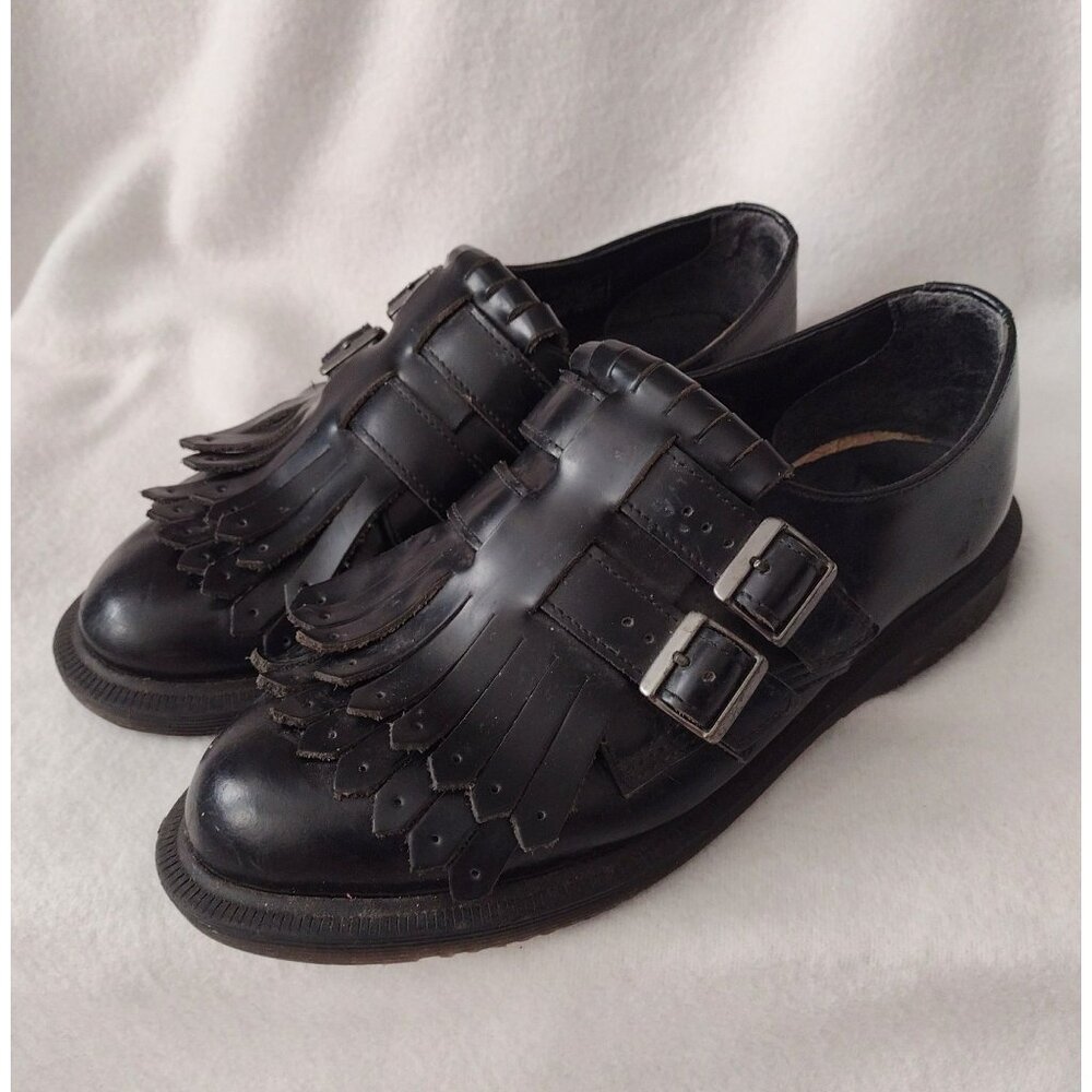 Dr. Martens Ellaria Shoes 7 Black Smooth Kiltie Loafers w Buckle Docs